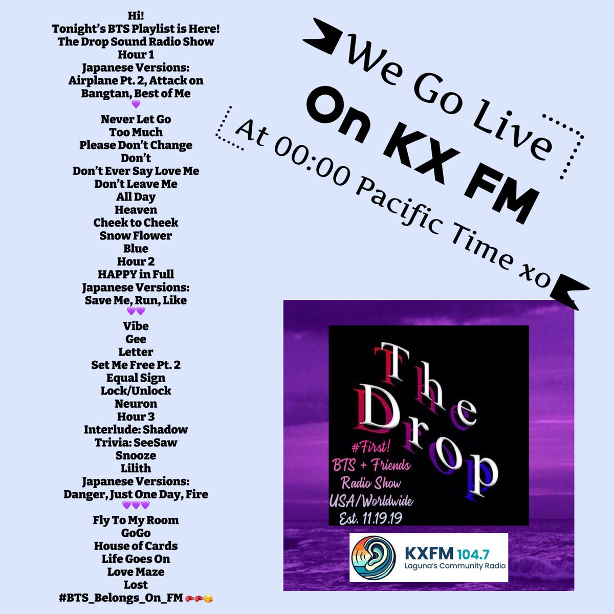 TheDropSound's tweet photo. #ARMYmail 
💌
It’s for you!
💋

Our format:
@bts_bighit + Friends #First!

@TheDropSound Radio Show

@KXFM_ Laguna Beach 104.7 FM
Brick + Mortar Terrestrial Radio 📻 

EP @RandiLavik 
AP @Veronic80546413 
💜 By ARMY for ARMY 🍷🍷💜

https://t.co/paMxauGYAc https://t.co/81W5989F2S