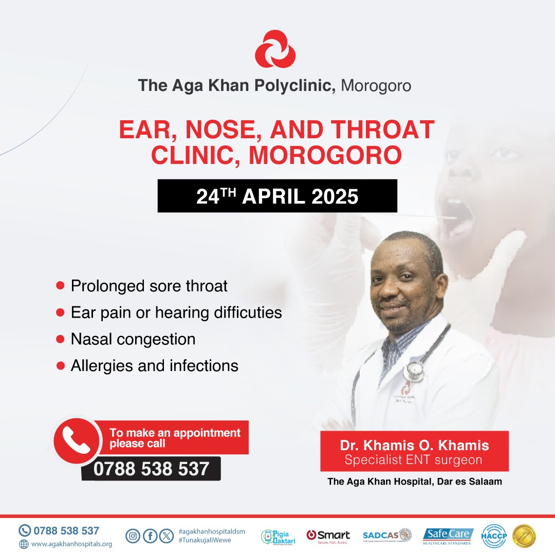akhstanzania's tweet photo. Dr. Khamis Khamis, Specialist ENT Surgeon are coming to The Aga Khan Polyclinic, Morogoro on April 24th, 2025. for Ear, nose and throat problems kind visit our centre on said date or Book an appointment with them now via 0788 538 537.

#morogoro #ent #surgery #visitingdoctor https://t.co/mOmvEa1iFq