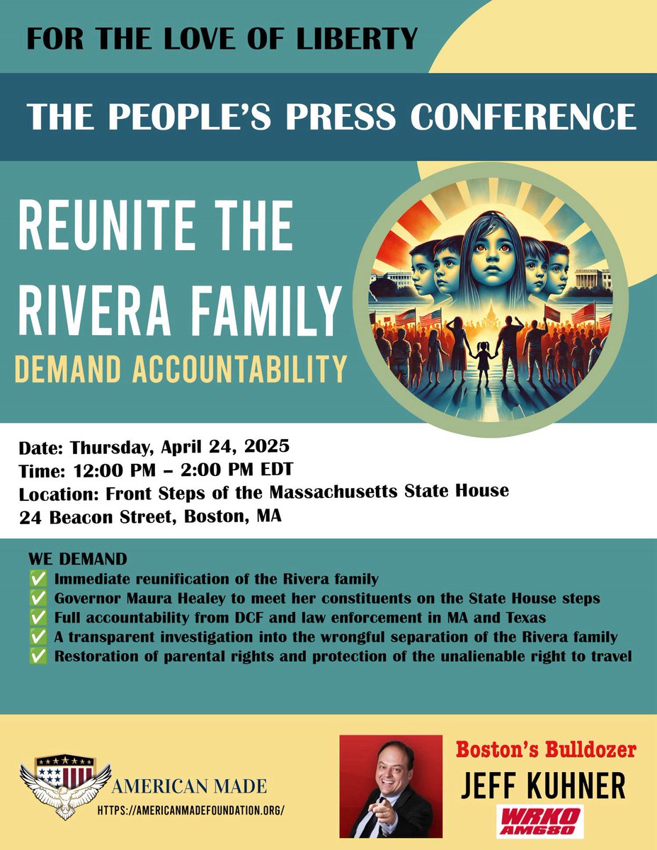 bostonbroadside's tweet photo. Boston’s bulldozer, Jeff Kuhner  announces here: https://t.co/5AmeQ2ouuG 
a mega rally at the Massachusetts State House at noon on 4/24, and why it’s critical to #ReuniteTheRiveras

Izzy and Ruth Rivera’s DCF ordeal has the country outraged at the cruel and unwarranted punishment the “powers that be” have put upon them, tearing their family apart.

The blatant trampling of rights is not to be taken lightly. Boston’s Bulldozer, Jeff Kuhner, announced that on April 24, 2025, he will moderate the People’s Press Conference at the Massachusetts State House at noon to seek answers and justice for all who have been abused by power corrupt systems, such as Child Protective Services (CPS).

Hey, @RealTomHoman this is a good time for you to come to Boston, too, to see firsthand how illegal criminals are protected, while an American mother and father are punished for protecting their baby. Taken away in handcuffs in front of their five children, mother was bailed out after four weeks. Father remains in jail after six weeks–on misdemeanor charges held on 25K bail ! What are we missing here?
Please help Izzy get out of jail 14 K to go: https://t.co/PQrohBlqm8
@annvandersteel 
@MaureenSteele_ 
@official__doga 
@amade