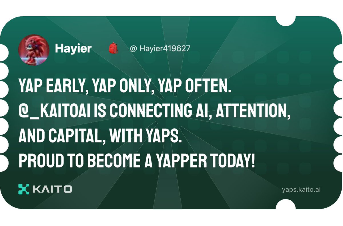 Hayier419627's tweet photo. Yap early, yap only, yap often.

@KaitoAI is connecting AI, attention and capital with Yaps.

Just claimed my social card and I'm accumulating Yap points in real-time.

Claim yours 👉 https://t.co/ErS5g0crH4 https://t.co/FfESnfMd0d