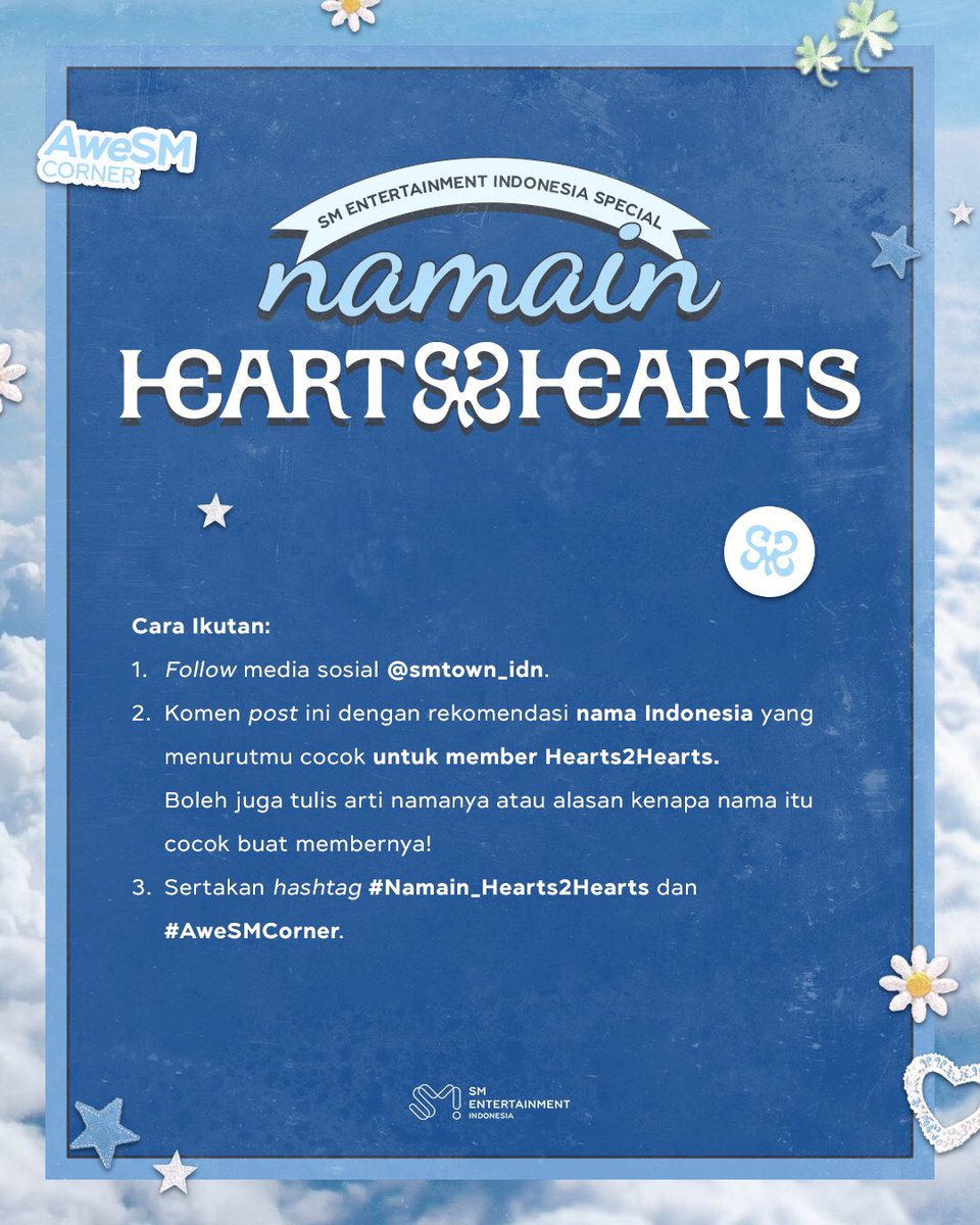 SMTOWN_Idn's tweet photo. Warga SMTOWN yang senang bergotong royong, mari kita bantu CARMEN kasih nama Indonesia buat Hearts2Hearts!

Jangan lupa baca ketentuannya di post ini, ya! Ditunggu rekomendasi nama dari S2U Indonesia 💕

@Hearts2Hearts 
#Namain_Hearts2Hearts #AweSMCorner https://t.co/3AcjGfMOKT