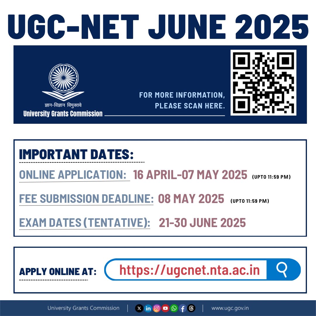 MRK_POLLACHI's tweet image. Online application for UGC-NET June 2025 is open from 16 April to 07 May 2025.
Fee submission deadline: 08 May 2025
Exam dates (tentative): 21–30 June 2025
Apply now at ugcnet.nta.ac.in
#UGCNET #NET2025 #UGCNETJUNE