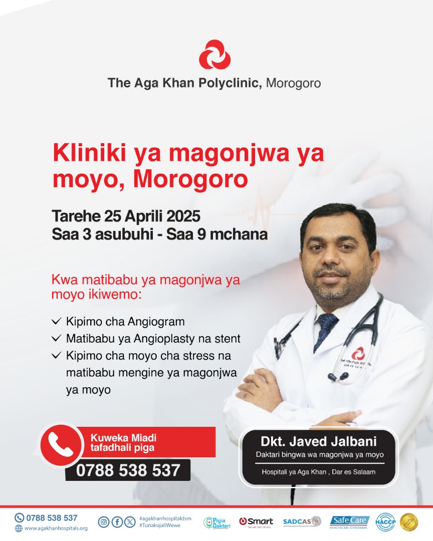 akhstanzania's tweet photo. Our Interventional Cardiologist, Dr. Javed Jalbani is back and will be available at The Aga Khan Polyclinic, Morogoro from 25th April, 2025. Book an appointment now via 0788 538 537.

#agakhanhospitalmwanza #cardiology #arusha #heart #medicine #visitingcardiologist #doctor https://t.co/Xva2ZlpSl5