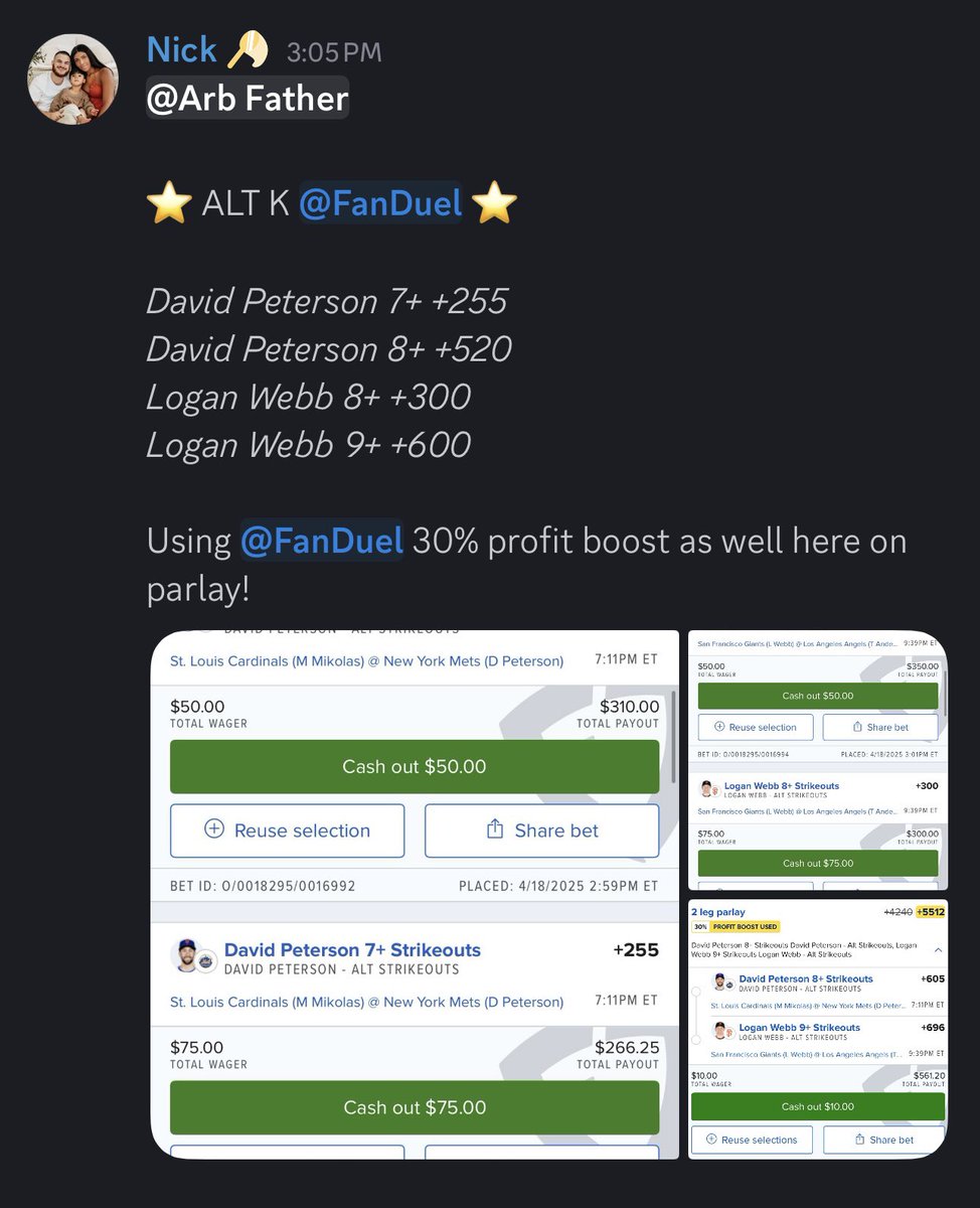 TheArbFather's tweet photo. CASH IT BOYS ✅
ALT K’s went absolutely NUCLEAR today in the @SEVADiscord 

Made nearly $1,500 on these today alone ⚾️🔥 

Powered by sharp edges from @OddsJam 
and a FanDuel 30% profit boost that also helped us turned $10 into $500+

Insane day.
We’re locked in.
Let’s keep printing 🤑