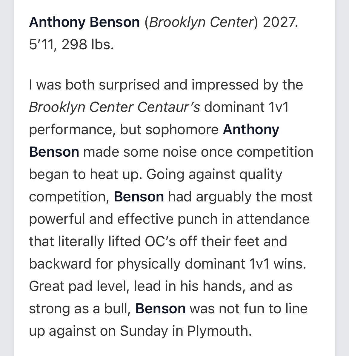 Anthony Benson (@anthonybenson27) on Twitter photo Grateful for the love from <a href="/PrepRedzone/">Prep Redzone 🏈</a>
“Bull Benson” showed up strong at the MN Combine dominant reps, heavy hands, and still growing.
Thankful for the opportunity!
<a href="/CoachC55430/">Chester Whalley (Coach C)</a> <a href="/CoachRPT/">Coach RPT</a>
<a href="/PrepRedzoneMN/">Prep Redzone Minnesota</a> <a href="/OJW_Scouting/">PrepRedzone Oliver</a>
#BullBenson #PrepRedzone #TrenchWork #DLProspect Grateful for the love from <a href="/PrepRedzone/">Prep Redzone 🏈</a>
“Bull Benson” showed up strong at the MN Combine dominant reps, heavy hands, and still growing.
Thankful for the opportunity!
<a href="/CoachC55430/">Chester Whalley (Coach C)</a> <a href="/CoachRPT/">Coach RPT</a>
<a href="/PrepRedzoneMN/">Prep Redzone Minnesota</a> <a href="/OJW_Scouting/">PrepRedzone Oliver</a>
#BullBenson #PrepRedzone #TrenchWork #DLProspect