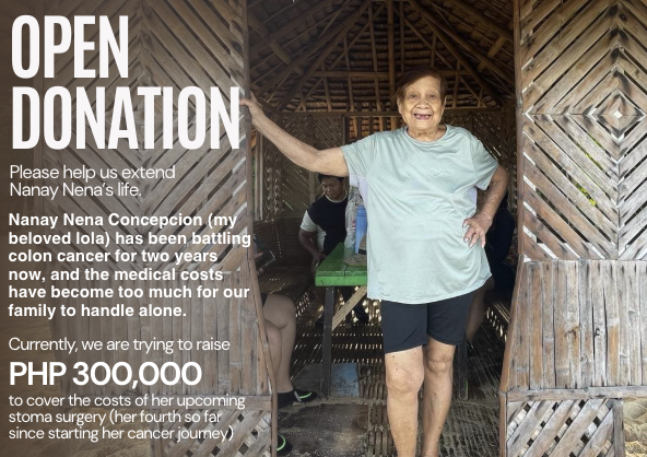 Bellanicxx's tweet photo. Para kay Nanay Nena (a thread):

Stage 4 colon cancer (soon-to-be) survivor. 
A single mother. A grandma. A fighter. 
We’re raising ₱300,000 para sa isa pang chance sa buhay niya.
Kwento ko sa inyo kung bakit siya karapat-dapat. https://t.co/AhPZuNLV1M