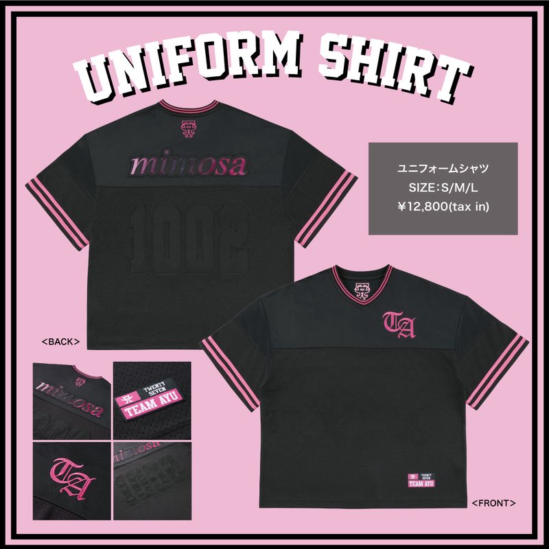 kayzu_teamayu's tweet photo. 【NEWS: GOODS】
LaLaアリーナで先行展示をしていた、
ユニフォームシャツ販売決定！！！

フロントには『TA』の刺繍とオリジナルタグ、バックには【mimosa】の文字と【1002】が背番号になっています！
是非お見逃しなく！

EC販売日時:4/22(火)16:00〜
 https://t.co/goYeP5xdDI https://t.co/lD5wA00iYK