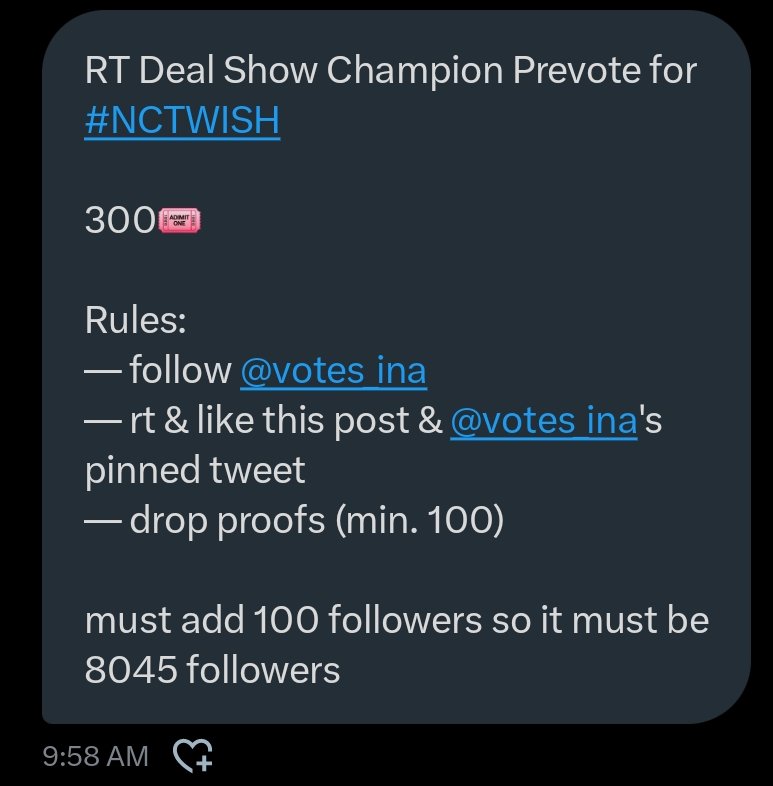 nctwishvoting's tweet photo. RT Deal Show Champion Prevote for #NCTWISH 

300🎟 

Rules:
— follow @votes_ina 
— rt &amp; like this post &amp; @votes_ina's pinned tweet
— drop proofs (min. 100)

must add 100 followers so it must be 8045 followers

⏰️ END 24 HOURS

#NCTWISH_poppop
#votefornctwish #wishzensociety https://t.co/YUxt2aq1FR