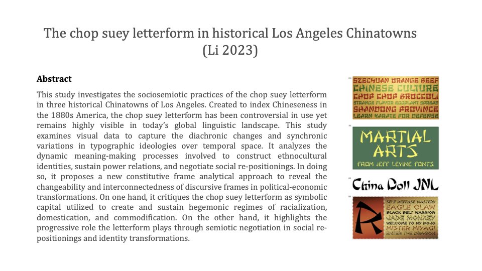 The chop suey letterform in historical Los Angeles Chinatowns
By Yu Li
DOI: 10.1080/10350330.2023.2286443
#socialsemiotics #Chopsueyletterform #typographicideologies #regimesofrepresentation #frameanalysis #linguisticlandscape #Chinatown