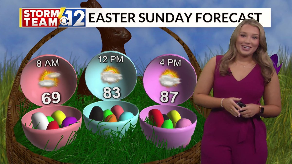 meganhanna_wx's tweet photo. Any outdoor plans are a go for Easter weekend! 🐣 It will be hot and humid through Sunday so wear your most-breathable Sunday best👒 An isolated evening shower/storm can’t be ruled out Easter night but shouldn’t last long enough to affect any holiday plans. #mswx #easterforecast https://t.co/hRsq0LRZl5