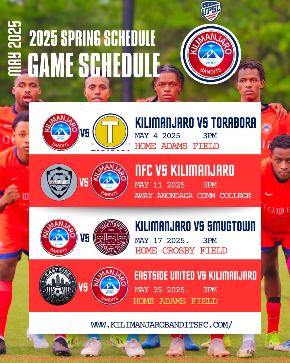 The wait is over…
Spring season is almost here, and Kilimanjaro Bandits are back in action!

First game: May 4th 3pm vs Torabora FC at Adams Field.
Mark your calendars and come show love—we’re kicking things off at home and we’re coming in strong.

Let’s make this season one