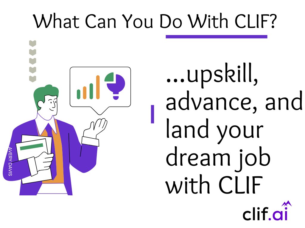 ClifAINY's tweet photo. With CLIF, You Canโฆ upskill, advance, and land your dream job.
Try it now at https://t.co/PpEMYwGvBb
#CareerTips #Networking #CLIFAI #CLIF #Career #CareerGuidance #CareerGrowth #BestAIStartup #BestAICompany #Learning #Upskill #DidYouKnow #ResumeTips #JobSearch #JobHacks https://t.co/7P95AeVkOa