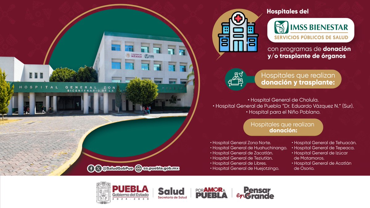 No en cualquier hospital 🏥 se pueden realizar trasplantes de órganos, se requiere un permiso especial de la 
<a href="/COFEPRIS/">COFEPRIS</a> 📝 y debe estar dado de alta en el Centro Nacional de Trasplantes (CENATRA) 🫀.
<a href="/Gob_Puebla/">Gobierno de Puebla</a>
#PorAmorAPuebla 
#PensarEnGrande