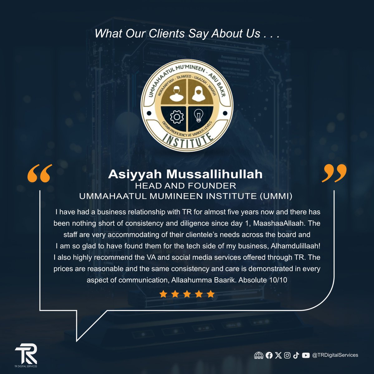 TRDigitalSrvcs's tweet photo. 5 YEARS of trust 🤝
10/10 satisfaction 🌟
🗨️One powerful testimonial from @UMMInstitute

We’re honored to help businesses grow from the tech to the teamwork. Alhamdulillah always.

📞 Let’s work together → [https://t.co/CWY0UsIujx]

#MuslimBusiness #VAsupport #ClientReview https://t.co/XP0q495CxM