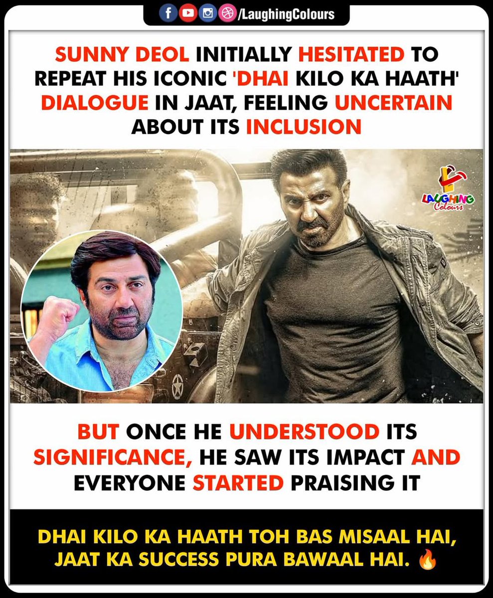 LaughingColours's tweet photo. (Sunny Deol - Dhai Kilo Ka Haath)
“जब धाई किलो का हाथ चला, तो बॉक्स ऑफिस भी हिल गया! 🔥👊”
#SunnyDeol #DhaiKiloKaHaath #Jaat #BollywoodLegend #IconicDialogue #MassAppeal https://t.co/O6tgvdnbhe