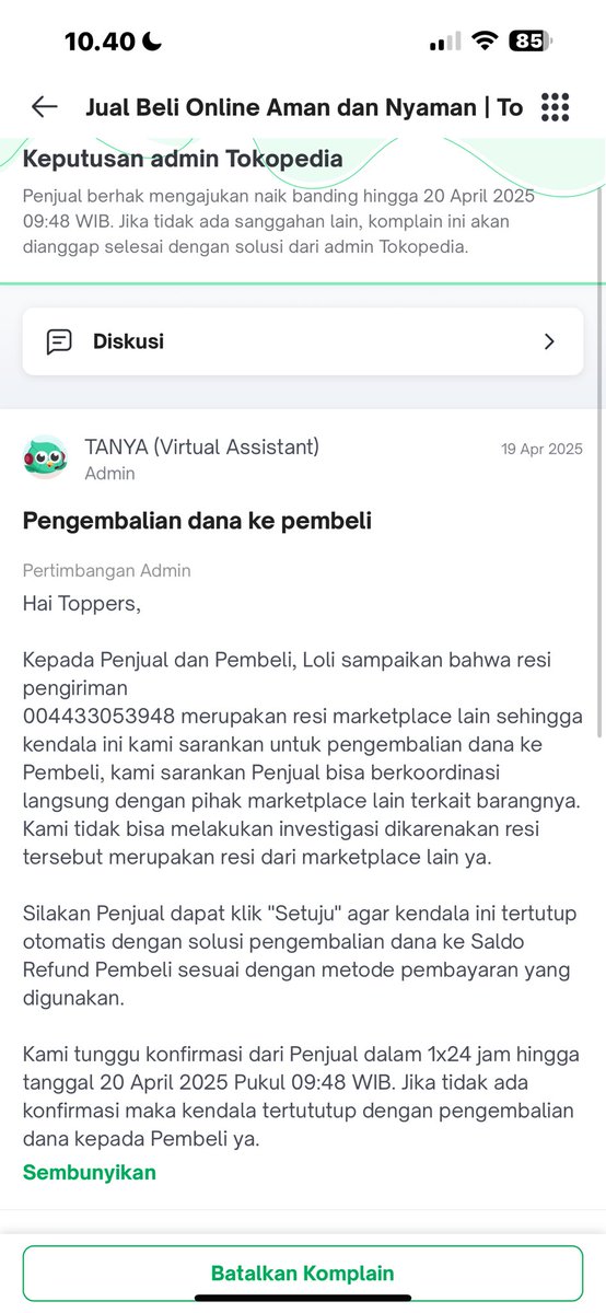 Seller dari awal mengirimkan resi yang tidak sesuai seharusnya ini udh penipuan tapi malah <a href="/tokopedia/">Tokopedia</a> melindungi bahkan memberikan persetujuan penjual utk dibatalkan kenapa harus menunggu persetujuan penjual yg udh nipu dan akan nipu dengan mengirimkan resi palsu.