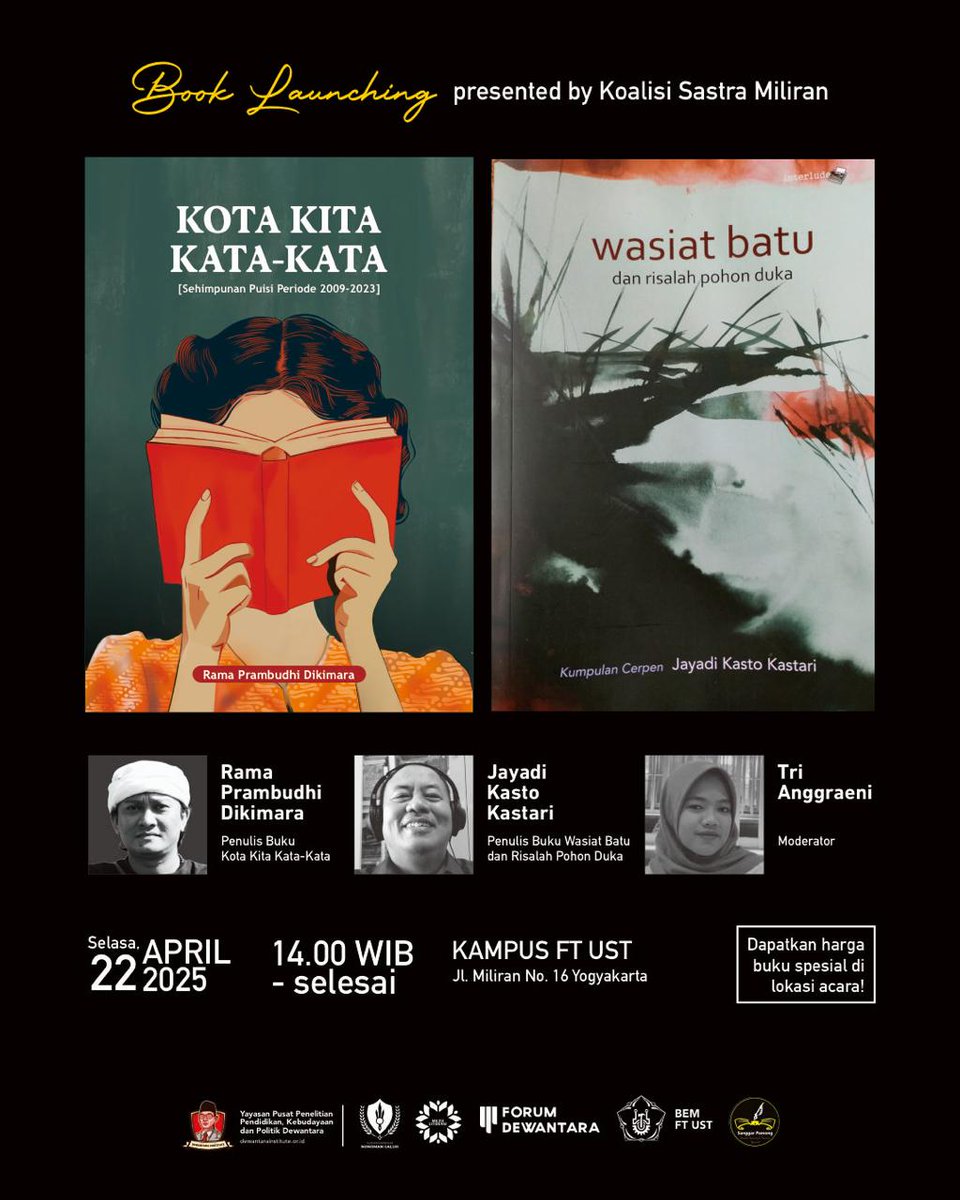 📚Book Launching Kota Kita Kata-Kata
Karya Rama Prambudhi Dikimara
Presented by Koalisi Sastra Miliran 📚
🗞Peluncuran 2 Buku di FT - UST   Merangkum Momentum Perjalanan Kota krjogja.com/yogyakarta/124…