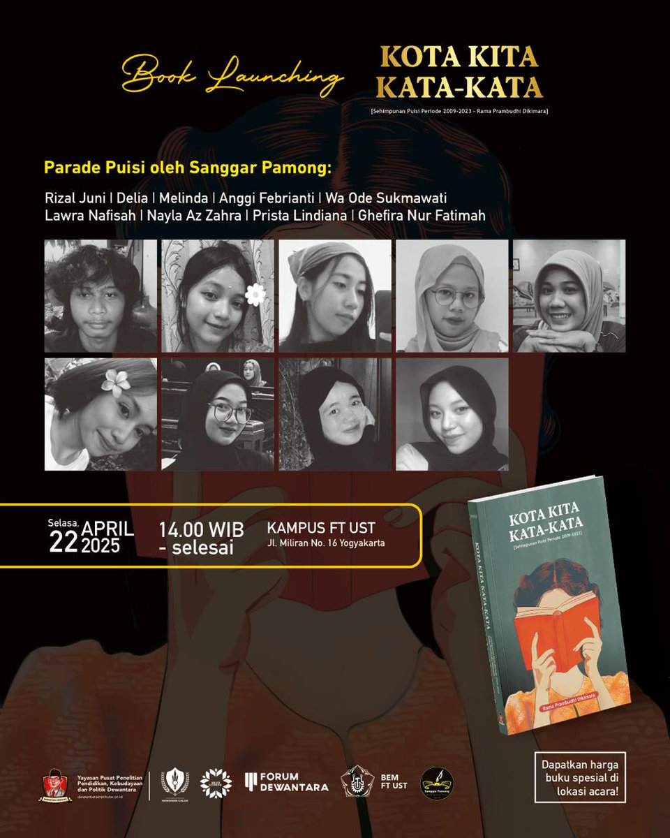 ramadikimara's tweet photo. 📚Book Launching Kota Kita Kata-Kata
Karya Rama Prambudhi Dikimara
Presented by Koalisi Sastra Miliran 📚
🗞Peluncuran 2 Buku di FT - UST   Merangkum Momentum Perjalanan Kota https://t.co/Ypf50wTV0q https://t.co/hLuoza27ZK