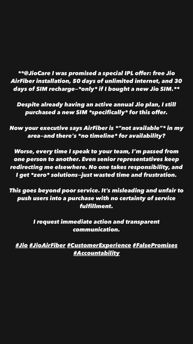 Shivammpanchall's tweet photo. @JioCare I was promised free Jio AirFiber install, 50 days unlimited internet &amp; 30 days SIM recharge—*only* if I bought a new SIM.

I did, but now told it's “not available” with *no timeline*. Reps keep passing me around. No solution, just frustration.

#Jio #FalsePromises https://t.co/Whcu79DiJd