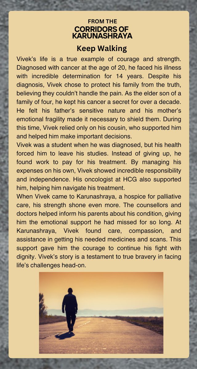 Strength often wears silence like armor. In the quiet corners of Karunashraya, we witness lives that echo with untold stories of resilience. Presenting the next story from our corridors.

#shortstories #palliative #palliativecare #hospice #hospicecare #hospicelife  #endoflifecare