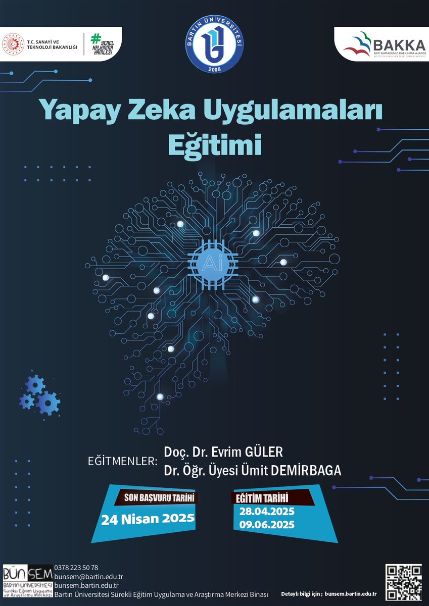 📢: Dijital teknolojilerde bireylerin yapay zeka alanındaki yetkinliklerini artırmak amacıyla BAKKA ve BÜNSEM iş birliğiyle Yapay Zeka Uygulamaları Eğitimi adlı program gerçekleştirilecektir.
Bilgi ve iletişim için:
0378 223 5078
dakkas@bartin.edu.tr
bunsem.bartin.edu.tr