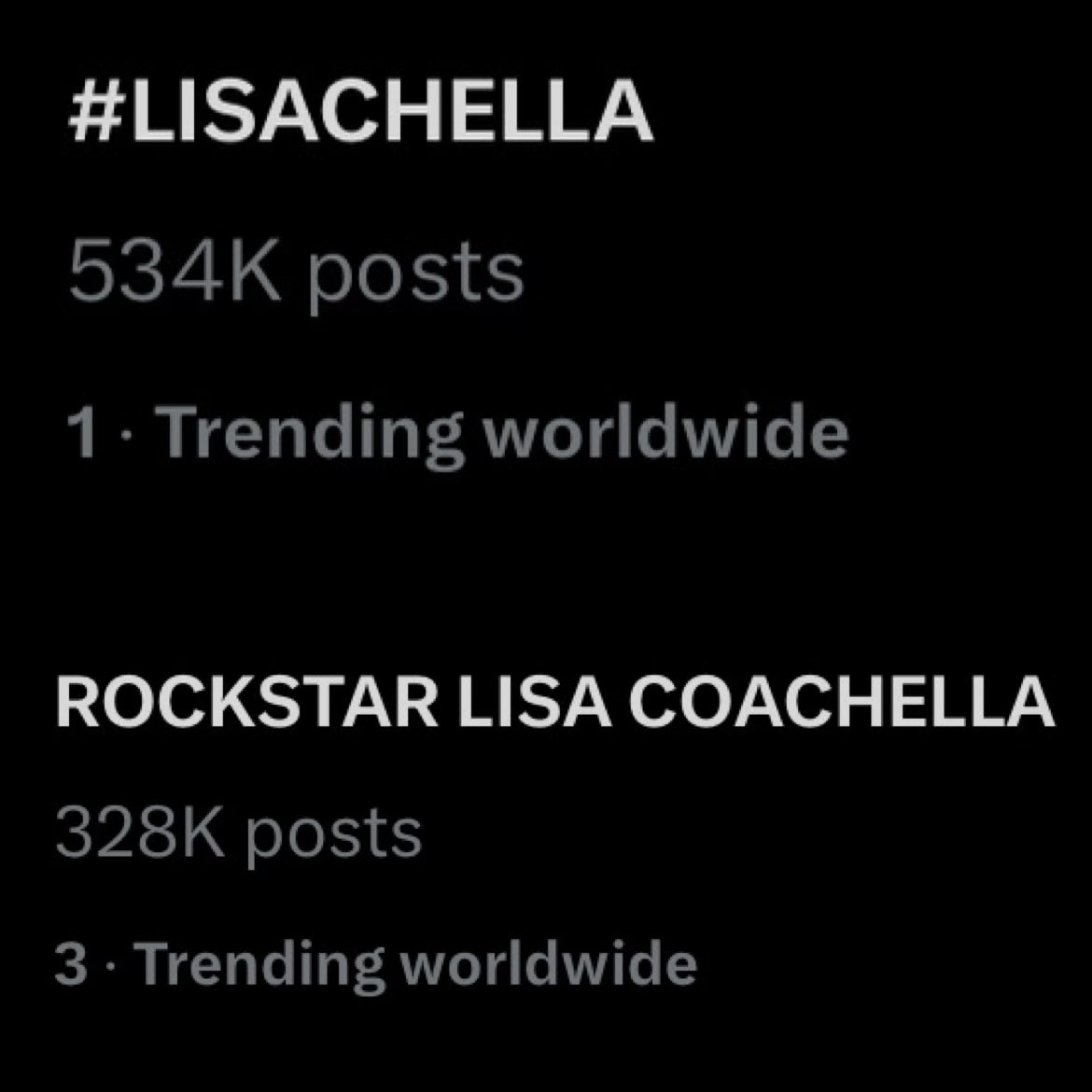 LISANATIONS_'s tweet photo. #LISACHELLA is now the #1 trending topic worldwide! While ROCKSTAR LISA COACHELLA sits at #3. 

We are so proud of you, LALISA! https://t.co/TcqNDBV2jL