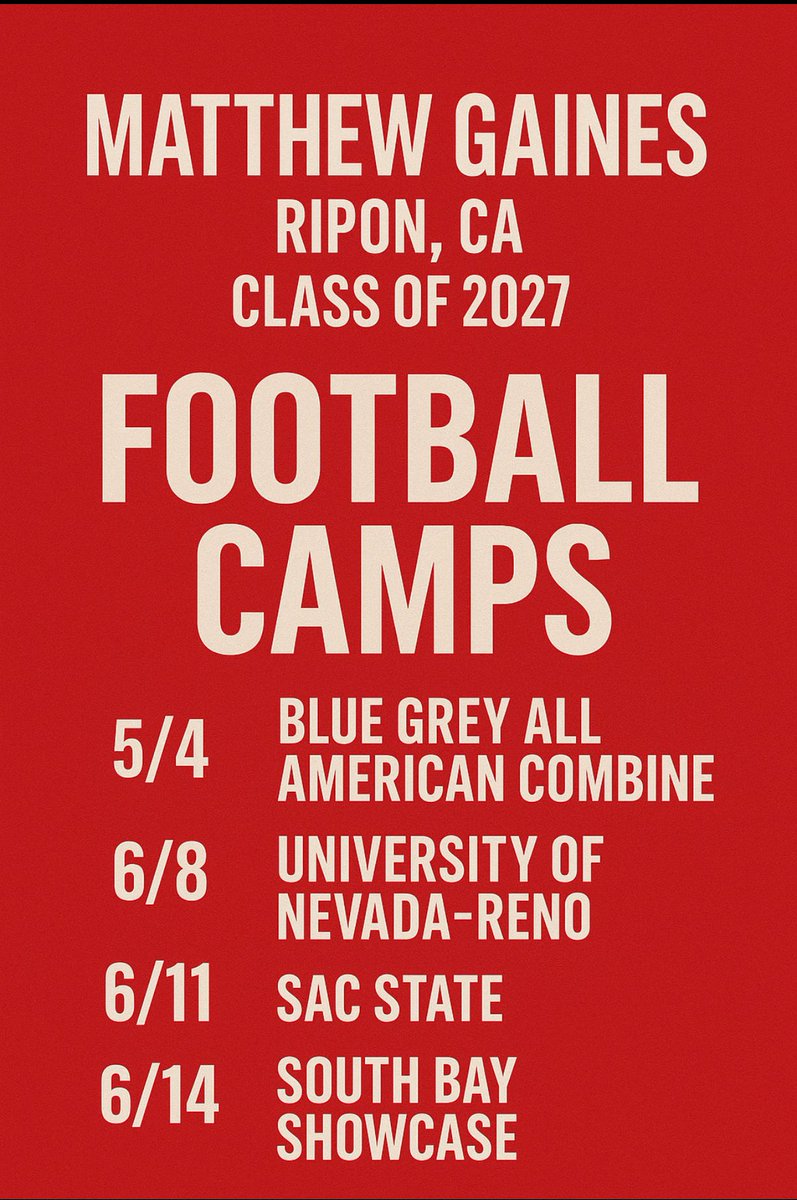 Matthew Gaines (@gainesmatt20917) on Twitter photo Summer Combine/Camp Schedule!
<a href="/coach_c_will/">Cole Williams</a> <a href="/jim_mastro/">Coach Mastro</a> @bj_robrtsn @nv_Dmehra @bluegreyFb @GMsacstateFB <a href="/coachapatterson/">AC Patterson</a> @cjpollard1 @coachstova11 @coachbojay @thebecaperez <a href="/TVLfootball/">TVLfootball</a> <a href="/BlackHatFootbal/">Richard T. Estrada</a> <a href="/NwFBRecruits/">NW Football Recruits</a> <a href="/NotYoDaddysMLL/">Not Yo Daddyβs MLL</a> <a href="/jason_loscalzo/">Jason Loscalzo</a> <a href="/CoachAbbasi/">Coach Abbasi</a> Summer Combine/Camp Schedule!
<a href="/coach_c_will/">Cole Williams</a> <a href="/jim_mastro/">Coach Mastro</a> @bj_robrtsn @nv_Dmehra @bluegreyFb @GMsacstateFB <a href="/coachapatterson/">AC Patterson</a> @cjpollard1 @coachstova11 @coachbojay @thebecaperez <a href="/TVLfootball/">TVLfootball</a> <a href="/BlackHatFootbal/">Richard T. Estrada</a> <a href="/NwFBRecruits/">NW Football Recruits</a> <a href="/NotYoDaddysMLL/">Not Yo Daddyβs MLL</a> <a href="/jason_loscalzo/">Jason Loscalzo</a> <a href="/CoachAbbasi/">Coach Abbasi</a>