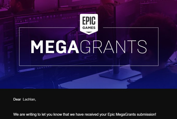 LachyzUpdates's tweet photo. Previously Lachyz tweeted out a picture of "MegaGrants" with "🤫" emoji 

The email said "Dear Lachlan, We are writing to let you know that we have received your Epic MegaGrants submission" What could he have planned? https://t.co/3OtZNLF8yt