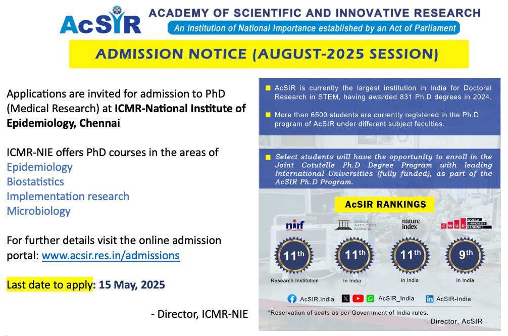 icmr_nie's tweet photo. Applications are invited for admission to PhD (Medical Research) from the Academy of Scientific and Innovative Research @AcSIR_India at @icmr_nie 

ICMR-NIE offers PhD courses in the areas of: 
Epidemiology, Biostatistics, Implementation research, and 
Microbiology

For further details, visit the online admission portal: https://t.co/R3ZgZatkda

Last date to apply: 15 May, 2025