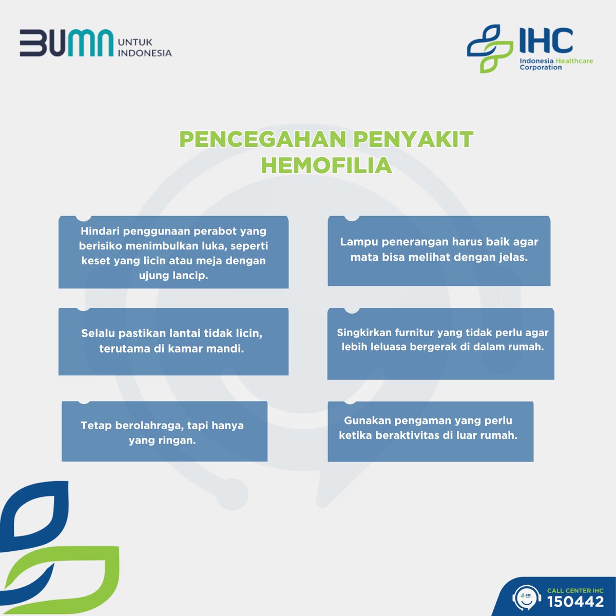callcenterihc's tweet photo. Pennyakit hemofilia termasuk penyakit genetik atau diturunkan dari orang tua, bisa jadi sulit untuk mencegah hemofilia.  Selain itu, pengidap hemofilia diharuskan mengikuti pencegahan untuk menjalani hidup sehat. https://t.co/pXi0cJ7bpk