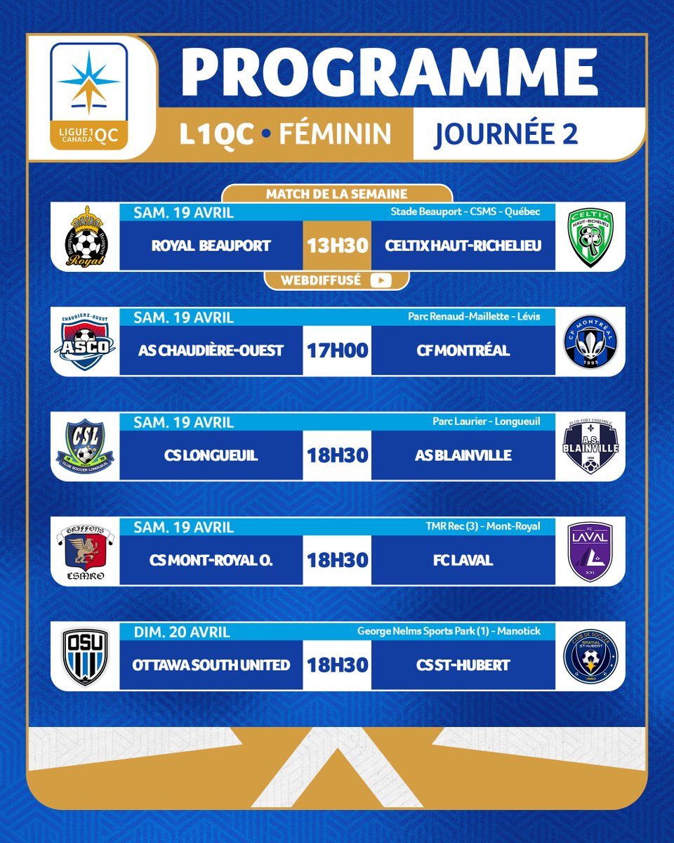 Ligue1QC's tweet image. [L1QC-F - J2]

La 2ème journée de L1QC-F est également au programme de cette fin de semaine! 👌

👉 L'AS Beauport et le Celtix Haut-Richelieu ouvrent le bal dès cet après-midi. La webdiffusion est à retrouver sur notre chaîne YouTube dès 13H30. 📺