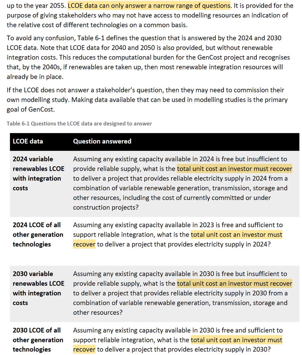 Incredible.  <a href="/simonahac/">💧simon holmes à court 🦋</a> is so confident, yet so wrong.
P 59 states that the LCOE can "only answer a narrow range of questions". 

Table 6-1 shows that all those questions are entirely about investors. 

<a href="/strikeextent/">Sam Berridge</a> is right.  Even before we get to GenCost's actual mistakes,