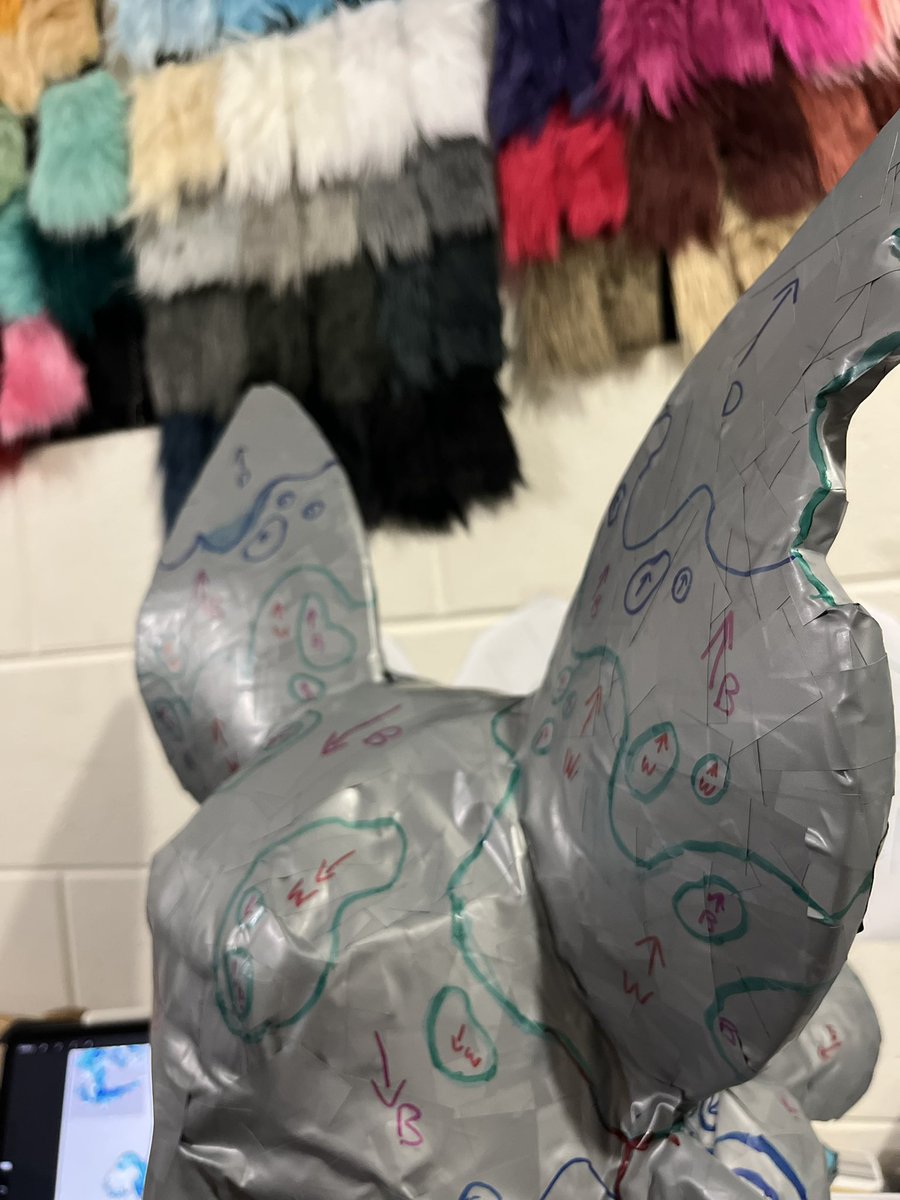 Patterning all done for this adorably complicated sharkdog pre-made 💪🏻 
With 100+ spots it’s going to be a BIG job for sure but i’m so excited to see how how this cutie turns out 🌊🦈🐾

#fursuitwip #fursuit #fursuitmaker #fursuitmaking #premadewip #wip