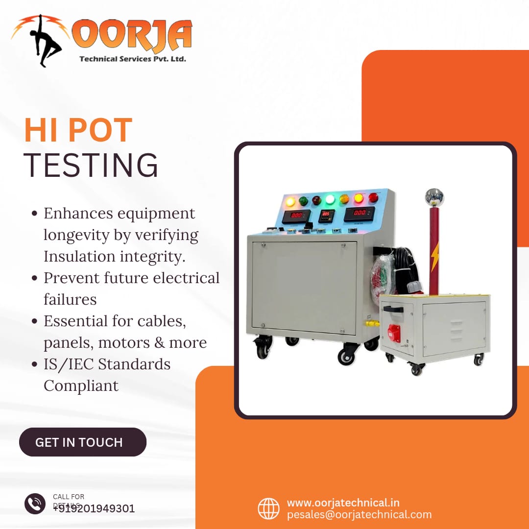 Oorjatechnical's tweet image. ⚡ Ensure insulation integrity with Hi Pot Testing by Oorja Technical Services!
✅ Prevent electrical failures
✅ Boost equipment life
✅ IS/IEC compliant
📞 +91 9201949301 | 🌐 oorjatechnical.in
#OorjaTechnicalservices #HiPotTesting #ElectricalSafety