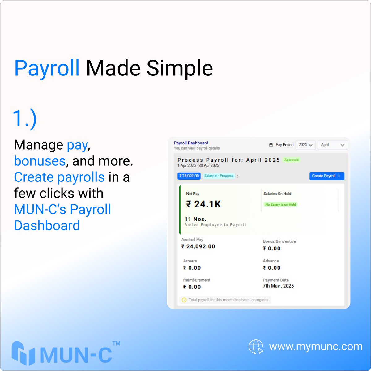 mun_c1's tweet photo. Payroll doesn’t have to be a monthly panic😰

MUN-C’s HR Payroll Dashboard brings clarity, control &amp; confidence—bonuses, arrears, net pay &amp; more, all in one clean, smart interface.
.
.
.
.
#HRTech #PayrollMadeEasy #MUNC https://t.co/66re5k2yE1