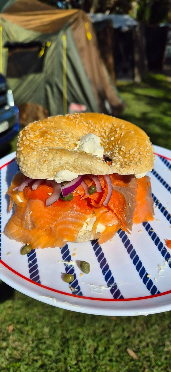 Bagel, krem peynir, soğuk tütsülenmiş somon, kırmızı soğan ve kapari.
Anca 35 yaşımda tanıştım bu lezzet ile, çok iyi 🧡