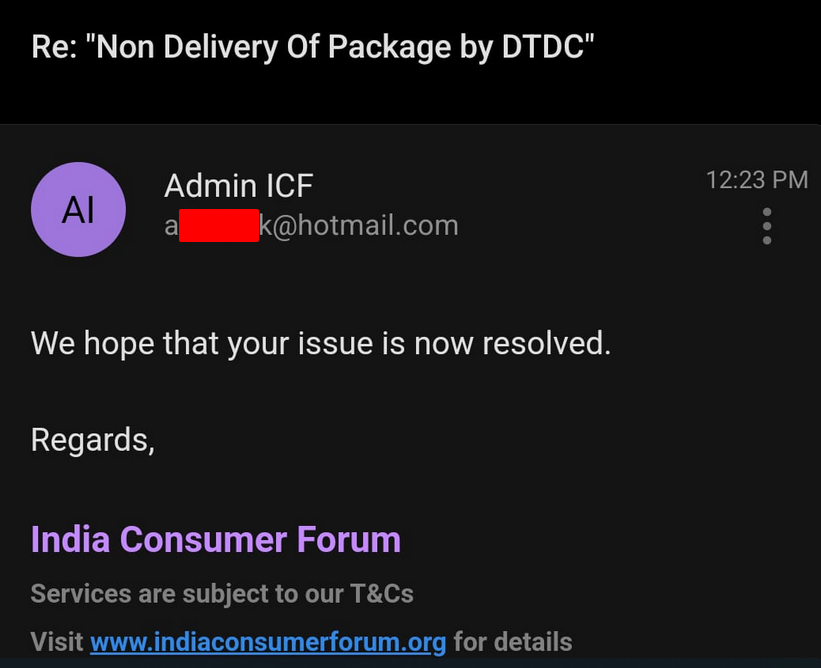_v47_'s tweet photo. @DTDCIndia Tracking No: D95987090
Shipped: Apr 2
Promised: Apr 12 → Apr 15 → Still undelivered.
@consumerforum_ now marks it “resolved” — no delivery, no contact.
Is this the new benchmark? Fake updates, zero action?
@PiyushGoyal @DCA_GoI @jagograhakjago @Secretary_CPGRAMS https://t.co/k54XDiZ9vI
