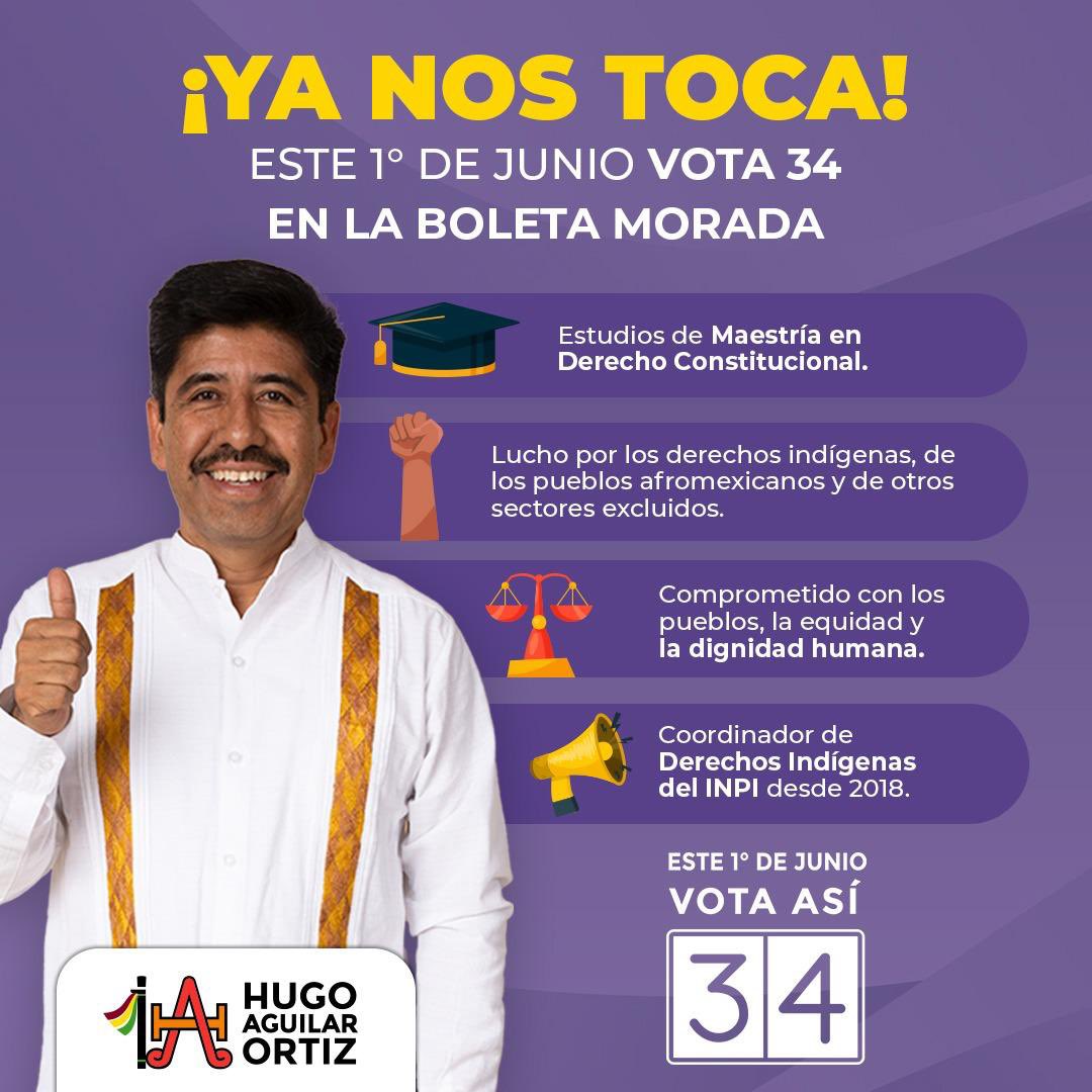 HugoAguilarOrti's tweet photo. Creo en una justicia con rostro humano, que sea real y verdadera. Soy Hugo Aguilar Ortiz, el 34 en la boleta morada. Te invito a conocer un poco más de mi.  

#YaNosToca #HugoAguilarOrtiz #Candidato34Ministro #SCJN #CandidatoIndígena #BoletaMorada https://t.co/Qr8LFzRj0A