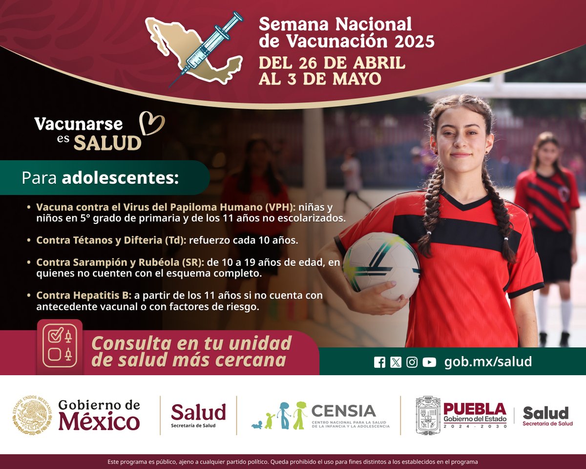 #VacunarseEsSalud ❤️ 💉

¡Adolescentes también es su turno de vacunarse! 👦🏻👩🏻‍🦱

¡Mamás y papás! Aseguren la salud de sus hijas e hijos adolescentes.
En la #SemanaNacionalDeVacunación consulta en tu unidad de salud más cercana. 👍🏽🏥