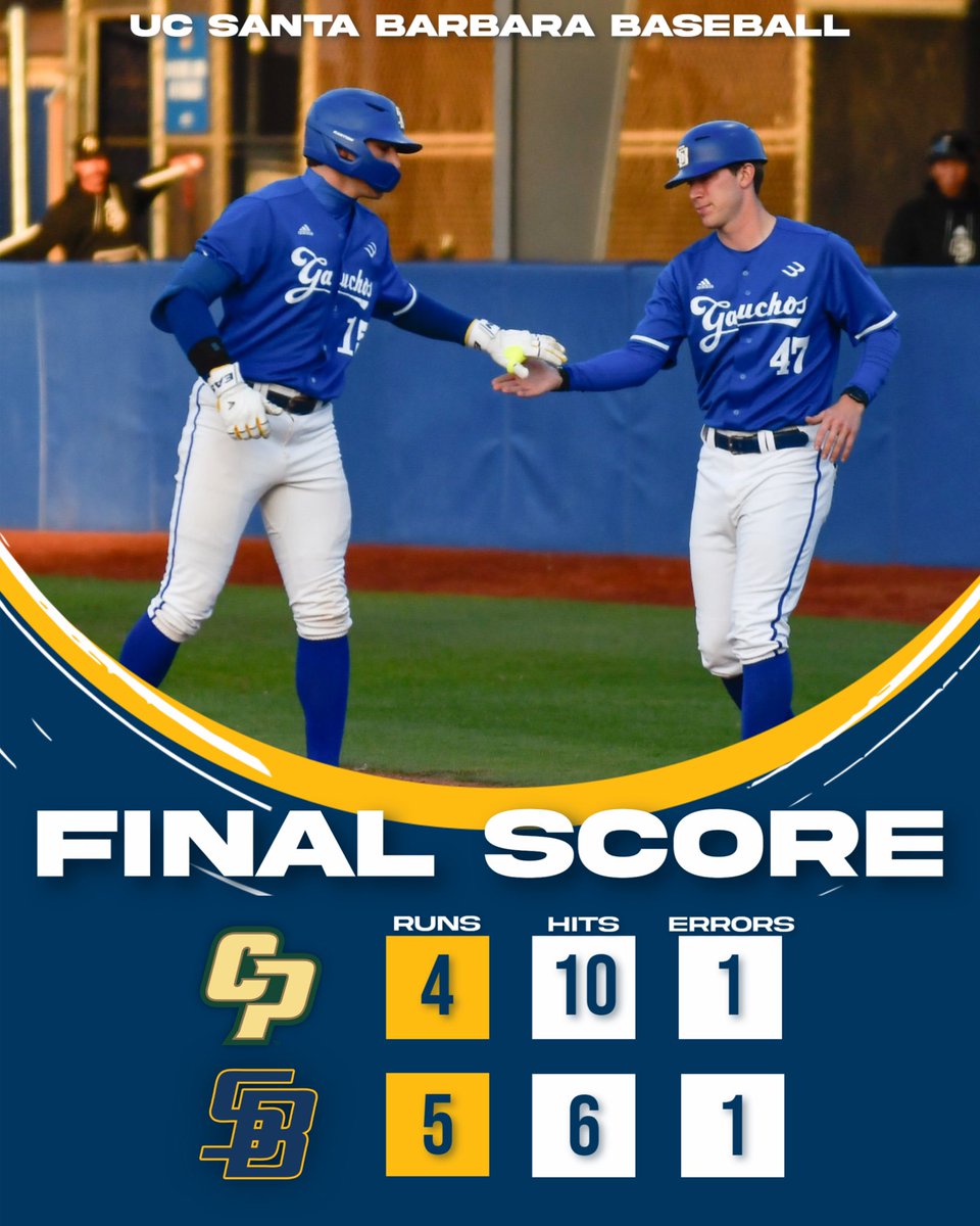 Nothing like a Friday dub! 😎

The Gauchos take Game 2 of the Blue-Green Rivalry Series! RBIs from Kozz, Mendy, Varg, and Holman combined with a seven-strikeout relief outing from Krodel secured the W. 

FINAL | Mustangs 4 - Gauchos 5
#GoChos