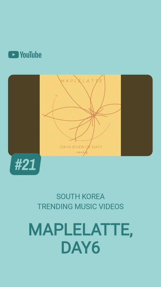 Day6YouTubeFile's tweet photo. 30 Trending for Music on YouTube South Korea

#21. ‘MAPLELATTE’ Official Audio 🔺️

🎧  https://t.co/LuzcRRQ6pb

#DAY6 #데이식스 @day6official
#DAY6_EvenOfDay #Even_of_Day
#MAPLELATTE #메이플라떼 https://t.co/DO1eLbzesF