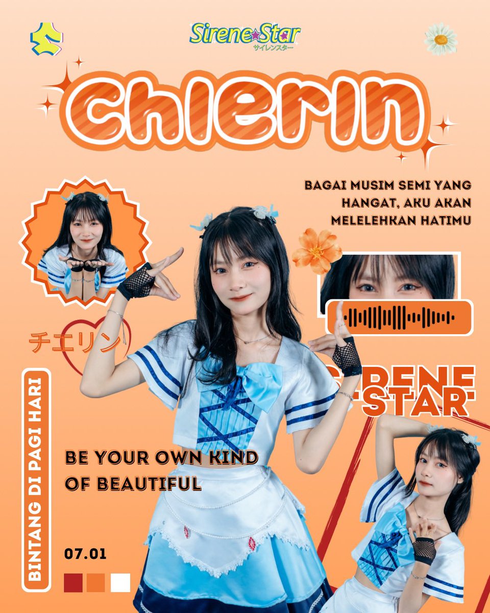 sirenestar's tweet photo. 🌼 [Chierin•チエリン] 🌼

[Persona]
Kehangatan yang menyinari gemerlapnya Sirene Star, membawa aura nyaman dan motivasi. Ia adalah simbol harmonisasi dan suportivitas dalam Sirene Star

[Warna] 
🧡 Kehangatan, semangat, dan rasa percaya

[Posisi] 
Main Vocal

#Chierin https://t.co/3gQPqFPrLs
