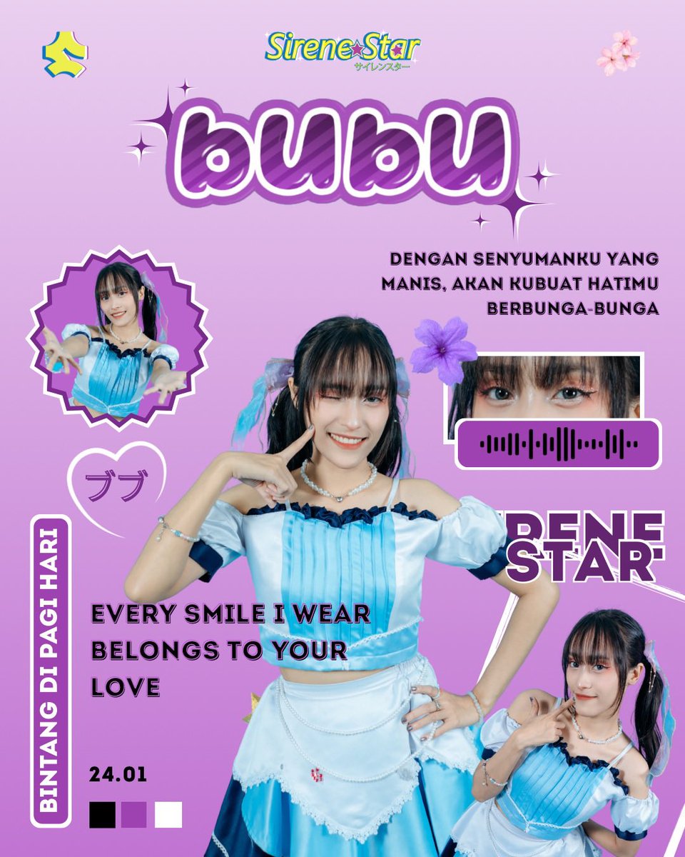sirenestar's tweet photo. 🌸 [Bubu•ブブ] 🌸

[Persona]
Pemimpin yang tenang dan bijaksana, seperti cahaya bintang lembut di langit malam. Ia memberikan stabilitas dan arah bagi Sirene Star dan Little Star

[Warna]
💜 Kebijaksanaan, kekuatan, dan keunikan

[Posisi]
Leader, Main Dancer

#Bubu https://t.co/J11Z2im29n