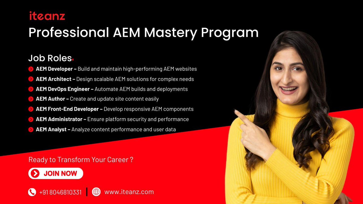 iteanzglobal's tweet photo. Unlock New Career Paths with Adobe Experience Manager (AEM) – Your Future Starts with Iteanz! 🌐🚀

📞 Call Now: +91 8046810331
🌐 Learn More: https://t.co/xBJH4ZskPx

#AEMTraining #Iteanz #AdobeExperienceManager #AEMDeveloper  #WebExperience #AEM #AdobeCourses #Adobe https://t.co/7VrsnUHUec