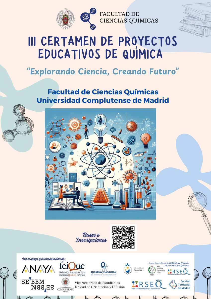 Belen Yelamos Lopez (@byelamos) on Twitter photo Ya queda menos para presentar los proyectos de Química que habéis desarrollado este curso en el Certamen organizado por <a href="/quimicasUCM/">Facultad de Químicas UCM</a> . Puedes enviar la memoria rellenando el📋 quimicas.ucm.es/formulario-de-… o mediante un 📩a vddivulgacionquim@ucm.es
🗓️¡Tienes hasta el 23 de abril! Ya queda menos para presentar los proyectos de Química que habéis desarrollado este curso en el Certamen organizado por <a href="/quimicasUCM/">Facultad de Químicas UCM</a> . Puedes enviar la memoria rellenando el📋 quimicas.ucm.es/formulario-de-… o mediante un 📩a vddivulgacionquim@ucm.es
🗓️¡Tienes hasta el 23 de abril!