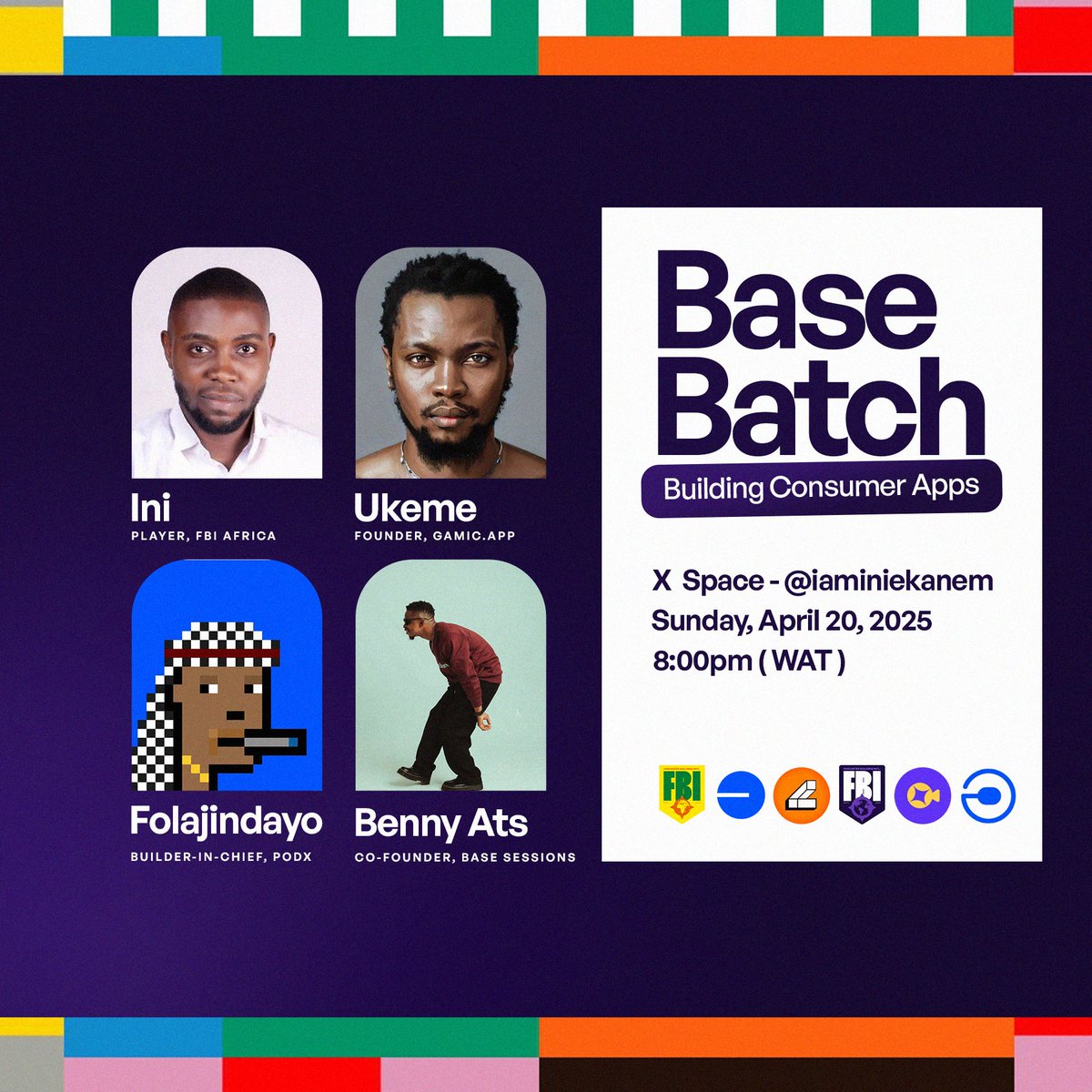 wearefbia's tweet image. Kicking off the Base Batch Buildathon series tomorrow with &quot;Consumer Apps&quot;

With @base founder / builder / creative:
- @hifisoftng, Founder @mygamichq, a product backed by @BinanceLabs @0xPolygon
- @folajindayo, Builder-In-Chief @podx_fun - a buildathon product that got a grant…