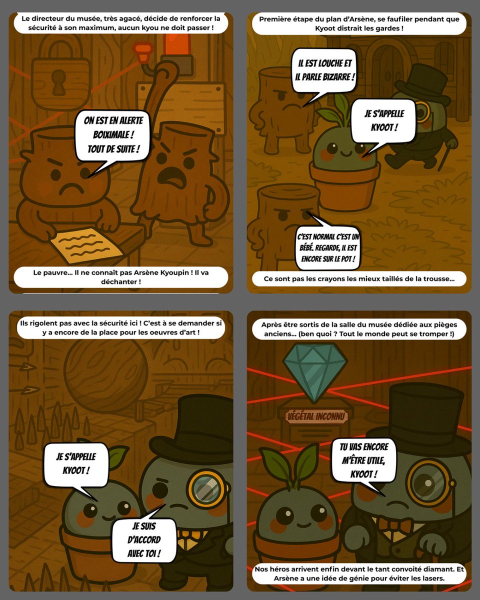 leskyous's tweet photo. — Un voleur classe
— Un espion en pot
— Des gardes en bois
— Et un diamant boiki
Le casse est lancé. Mais les neurones des Boikis… pas trop.
Lis l’histoire en images 👉 https://t.co/lEsksWJB5y
#bd #humour #absurde #kyous #kyoupin #espionnage #kawaii https://t.co/GWYR53i05P