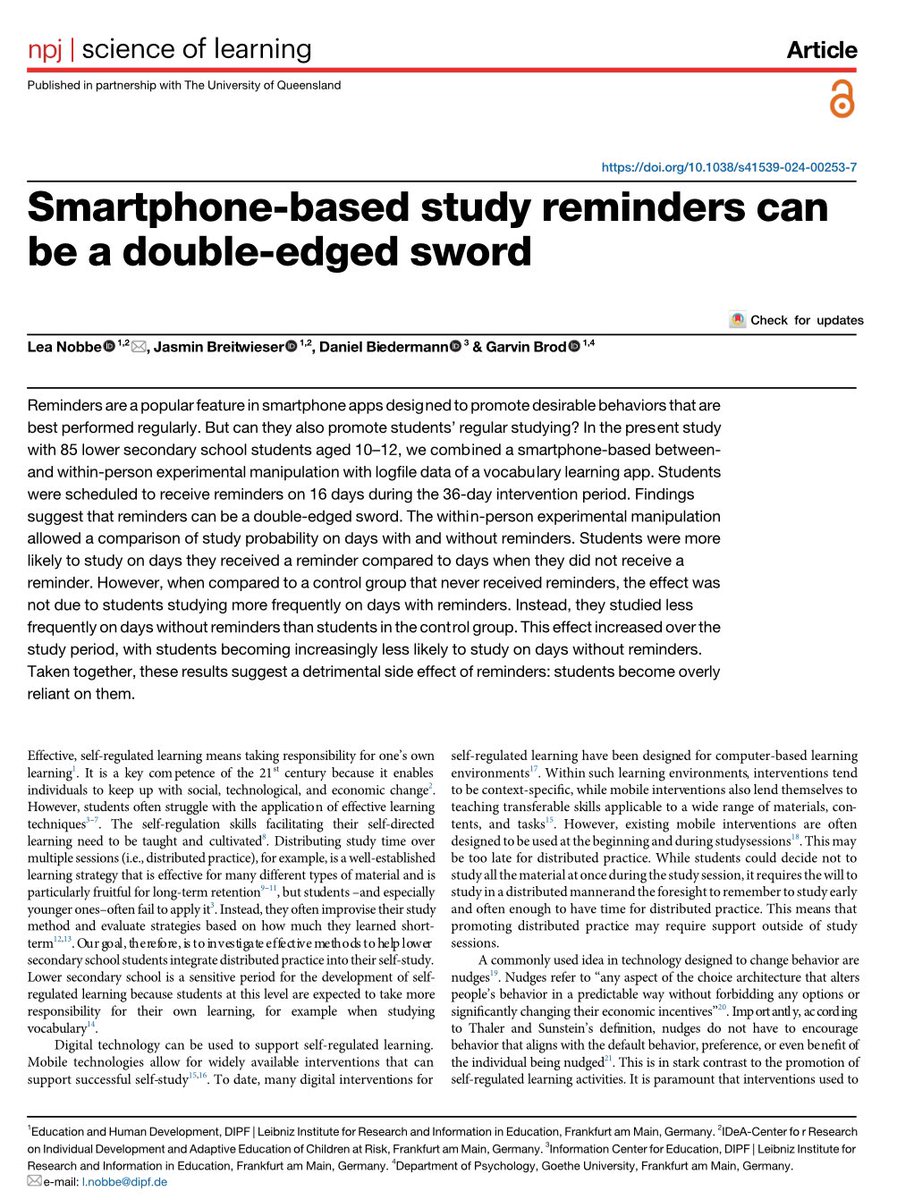 AlexJQuigley's tweet photo. Fascinating small study about the double-edged sword of smartphone reminders. 

They did prompt more study, but students became reliant on reminders &amp; so studied less without them. 

Take care when using tech to support learning! 

https://t.co/nLhrXVzsJs https://t.co/iQPjv2ziQK