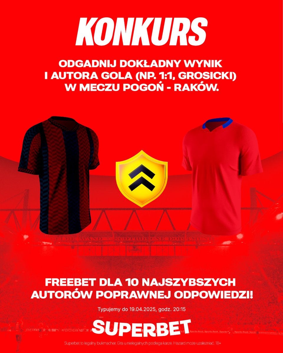 SuperbetPL's tweet photo. #KONKURS! Wytypuj w odpowiedziach dokładny wynik oraz autora gola ⚽️ w meczu Pogoń - Raków i zgarnij freebet! #POGRCZ
-- 
✅ Zaobserwuj @SuperbetPL
❤️ Polub wpis i 🔄 podaj go dalej 
👤 Dodaj nick z Superbet 
🎁 Nagroda = FREEBET 50 PLN https://t.co/kdyChoornV
