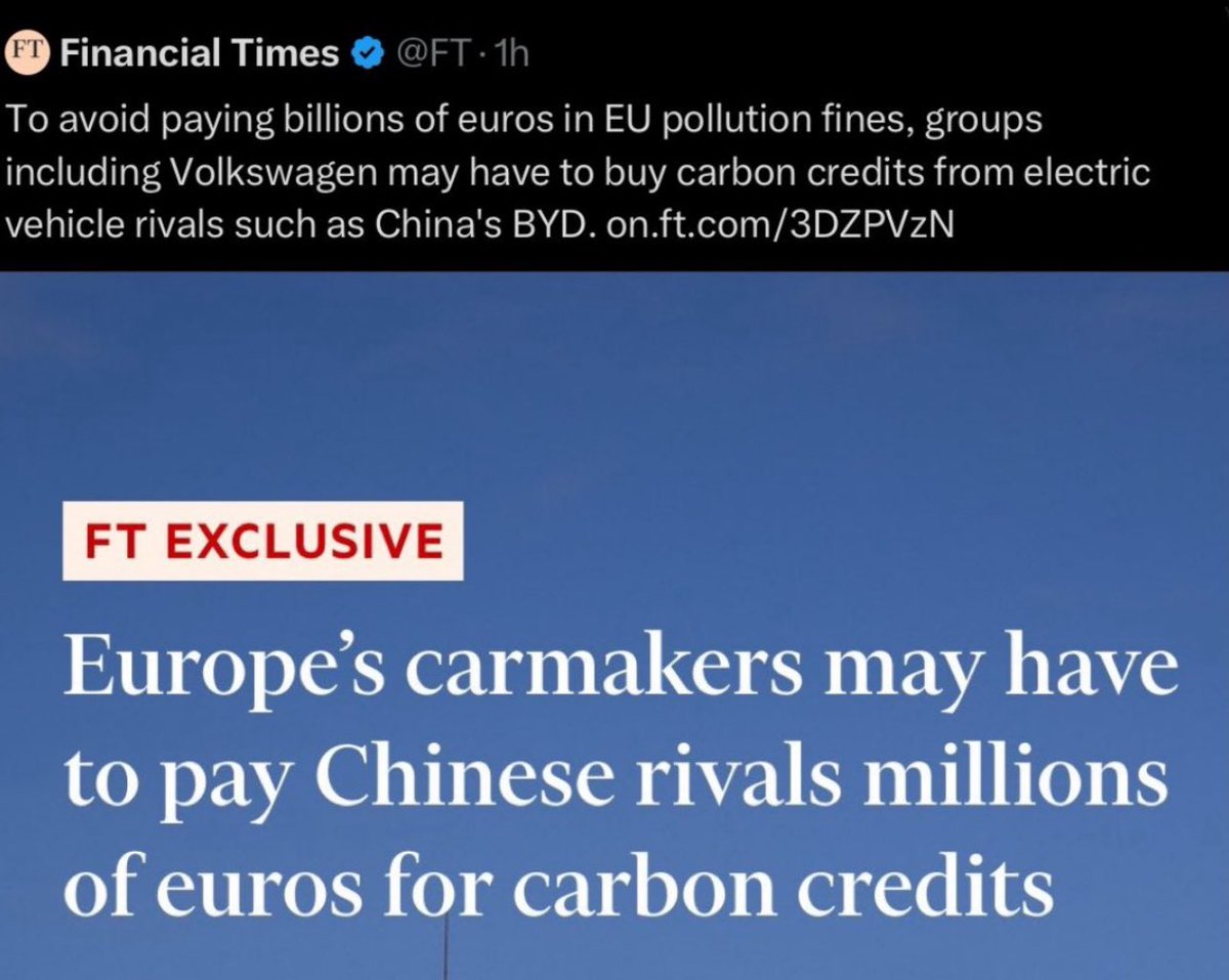EU CARBON TAX - This is such bollocks my head hurts. 

EU car manufacturers may have to pay 
€ HUNDREDS OF MILLIONS to Chinese EV manufacturers … to buy carbon credits, so they themselves meet EU emissions regulations.

Meaning EU car manufacturers are subsidising their